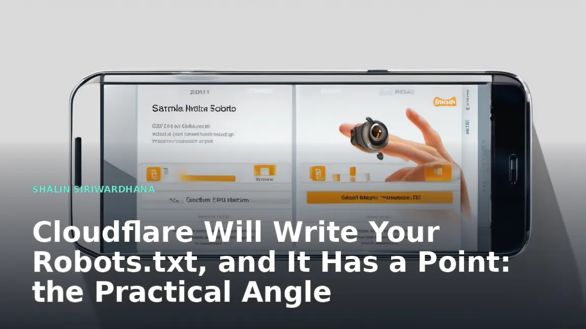 A close-up shot of a person's hand holding a smartphone, displaying a website's robots.txt file with a clear block of text wrapped in Cloudflare markers.