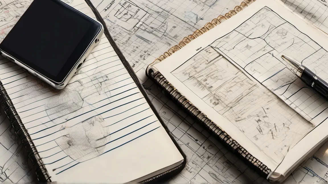 A close up of a weathered physical notebook open to a page of handwritten diagrams, resting next to a modern smartphone displaying a conversational AI chat interface.