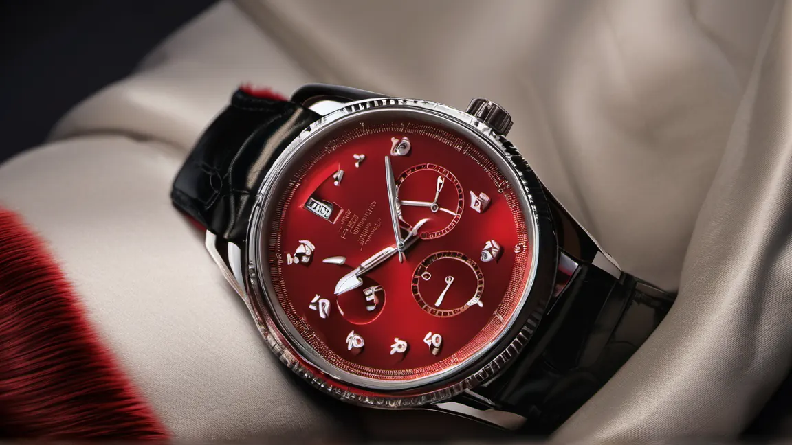 A close-up of a high-end luxury watch resting on a velvet cushion, while in the background, a blurred computer screen shows a red "403 Forbidden" error message.