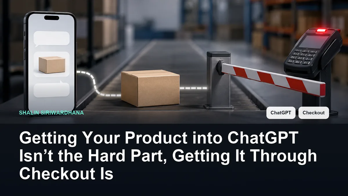 A smartphone recommends a product inside blank AI chat bubbles; the same product follows a visible path before being stopped at a checkout barrier beside a red payment terminal.