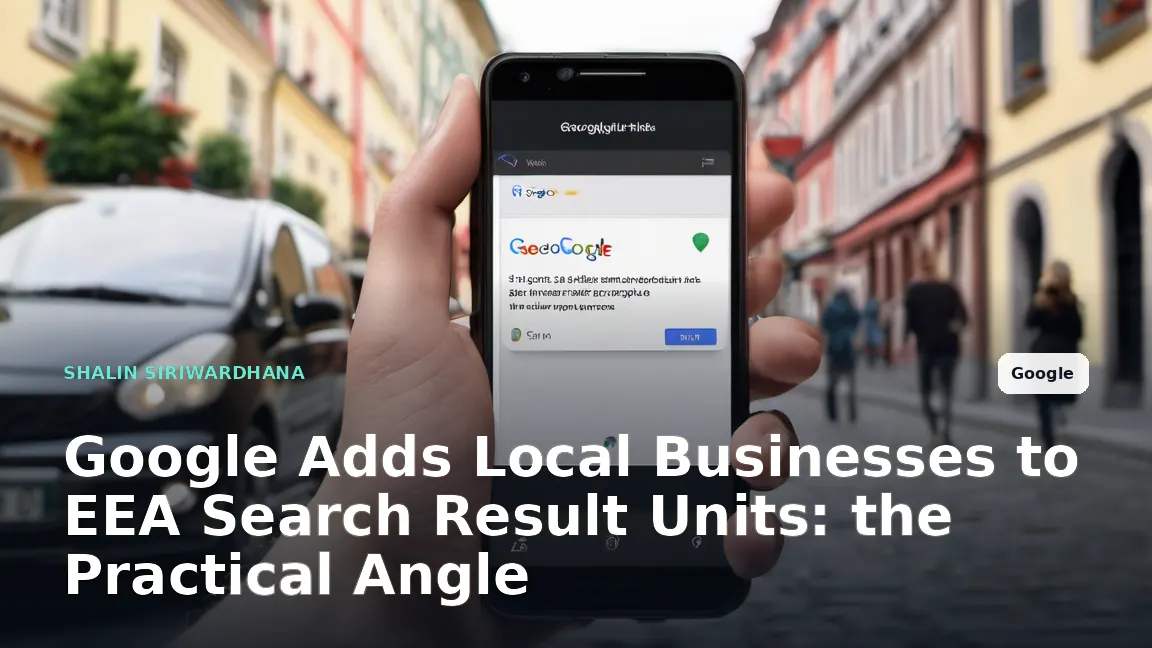 A person in a European city holds a smartphone showing a Google search result with two distinct side-by-side business listing units while standing on a cobblestone street.