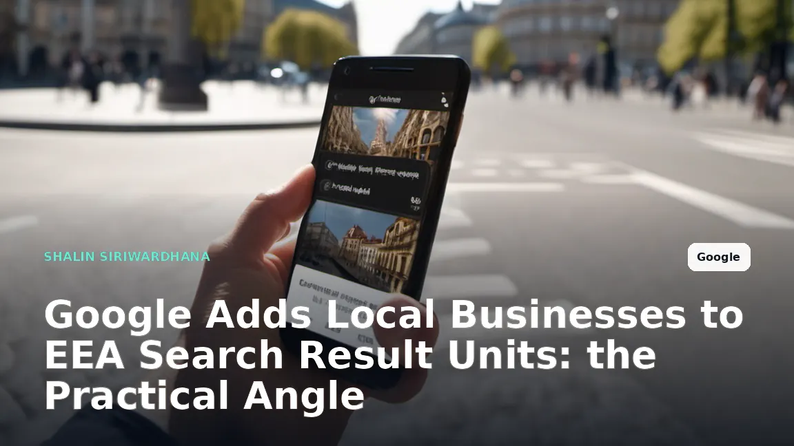 A close up shot of a person holding a smartphone in a European city street, showing a Google search result with two distinct side by side business units.