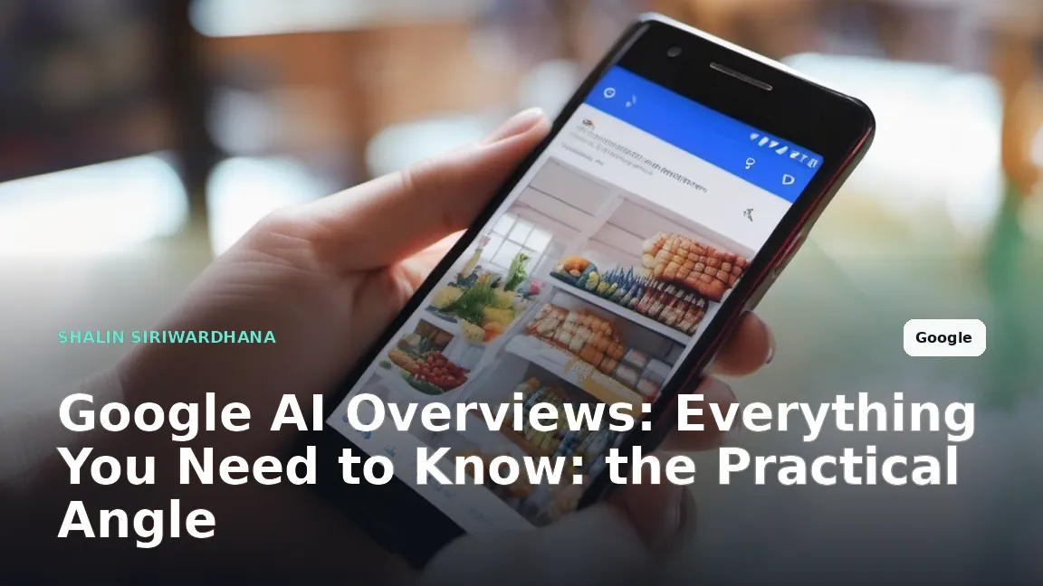 A person holding a smartphone in a brightly lit cafe, looking at a Google search result page where a colorful AI Overview box sits above the traditional blue links.