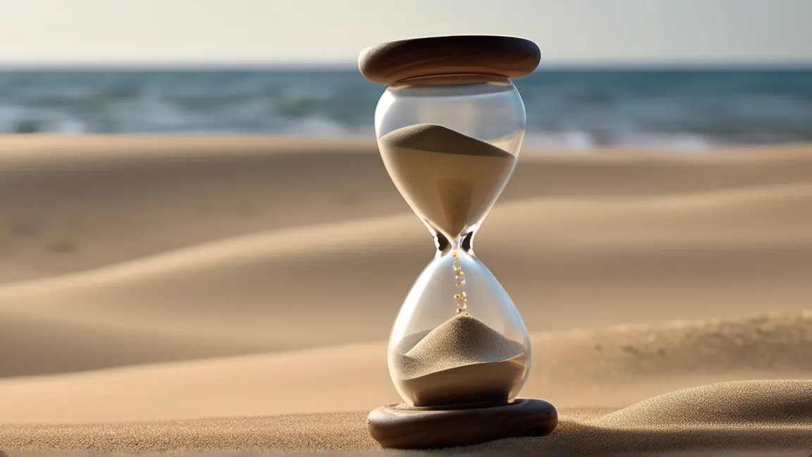 A close-up of a weathered hourglass resting on a wooden table, with a single small pebble blocking the flow of sand, symbolizing the agonizingly slow pace of algorithmic recovery.