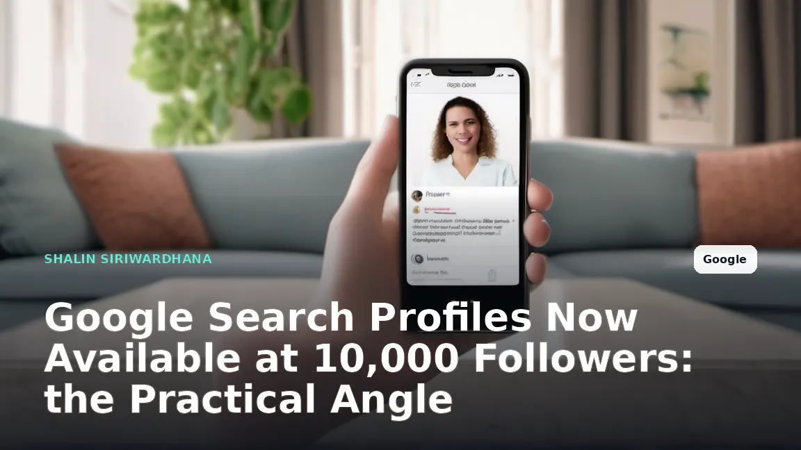 A person holding a smartphone in their hand, showing a social media profile page with a follower count of 10,000 on the screen. The background is a softly blurred living room.