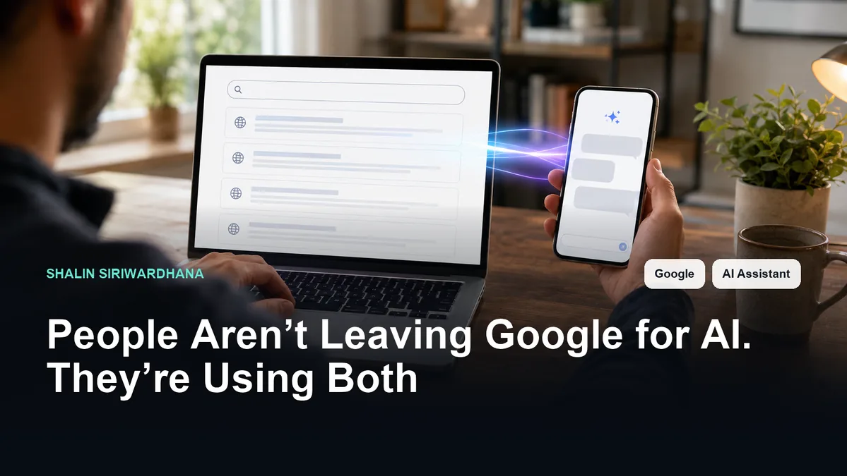 One person simultaneously uses conventional web search results on a laptop and an AI assistant with chat bubbles on a smartphone, connected by a two-way visual bridge.