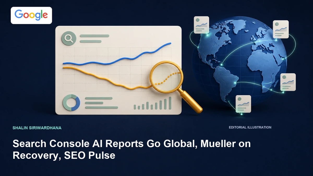 Google Search Console editorial illustration with worldwide reporting connections and a magnified recovery trend.