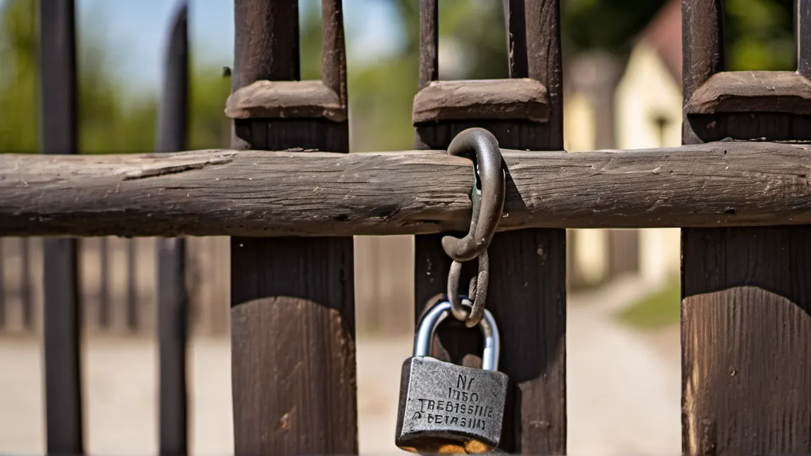 A close-up of a heavy iron padlock securing a weathered wooden gate, contrasting with a small, faded "No Trespassing" sign nailed to the post beside it.
