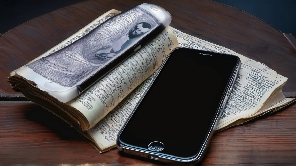 A close-up of a single, glowing smartphone screen displaying a ChatGPT conversation, resting on a dark wooden table next to a discarded, old-fashioned printed phone book.