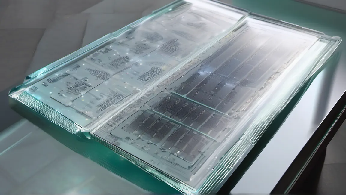 A close-up of a single, outdated printed manual resting on a sleek, modern glass table, surrounded by several glowing, translucent digital tablets displaying fragmented code.