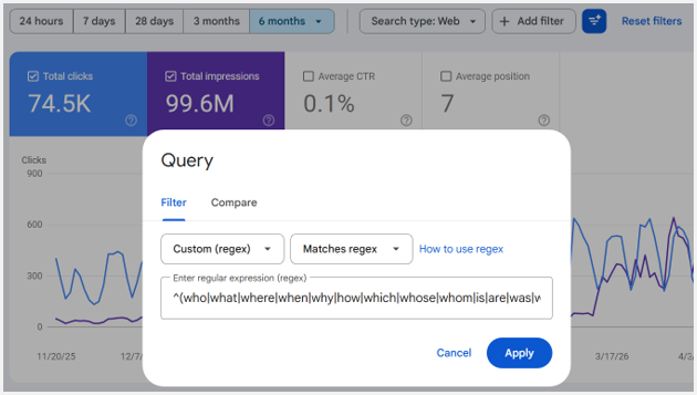 Google Search Console regex to mine question based queries