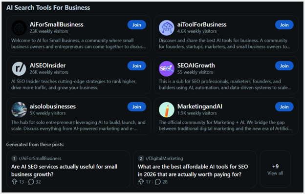 RedditAnswers data for query whats the best AI search visibility tool for a small business