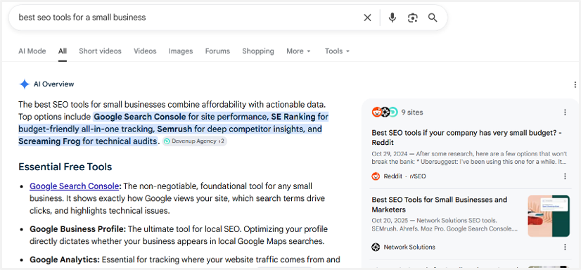 Reddit thread surfaced on Google for best SEO tools for a small business