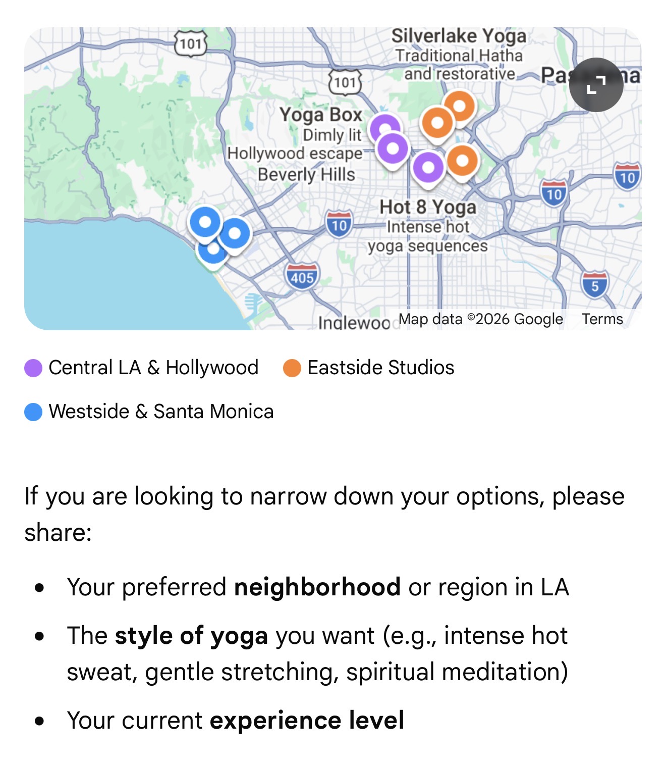 best yoga classes in Los Angeles Map 1