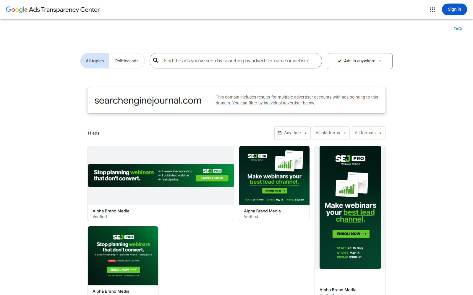 Google Ads Transparency Center listing eleven ads pointing to searchenginejournal.com