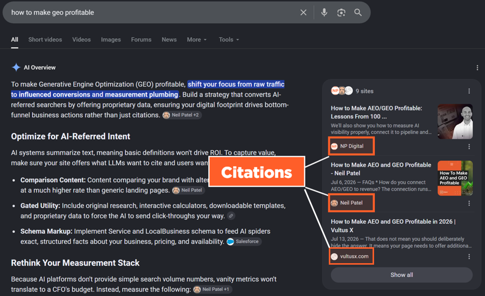 Example query where the brands cited are not mentioned within the AI Overview
