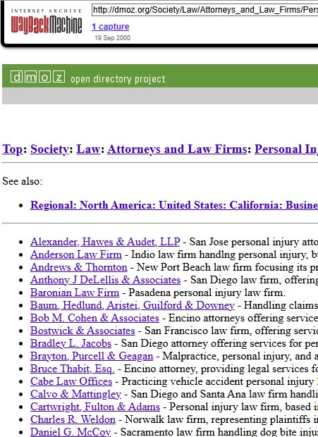 Screenshot shows an Archive.org snapshot of the California Personal Injury directory category from DMOZ as it existed in September 2000.
