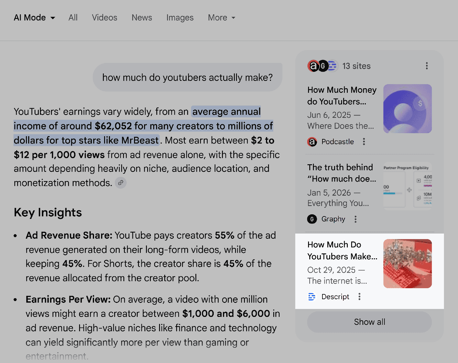 google ai mode how much youtubers make