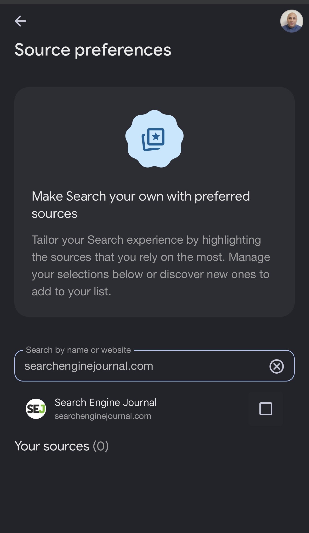Google Source preferences page showing Search Engine Journal with unchecked selection box