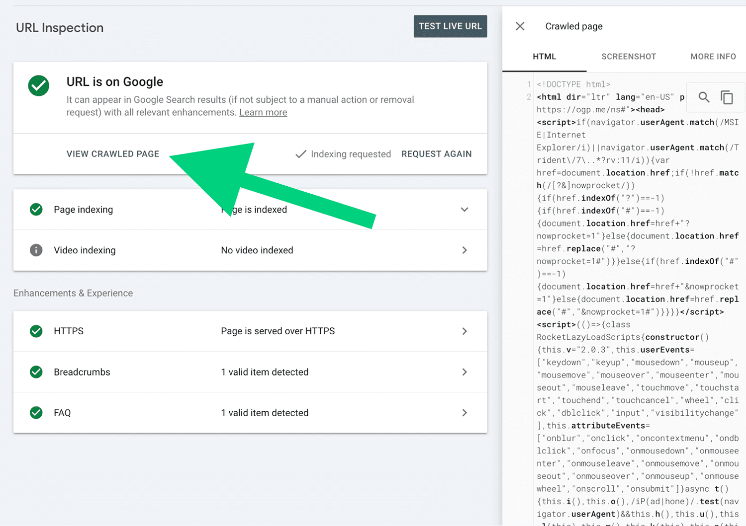 url inspection tool view crawled page