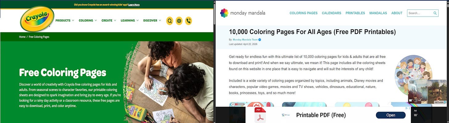 Crayola vs Monday Mandala coloring content