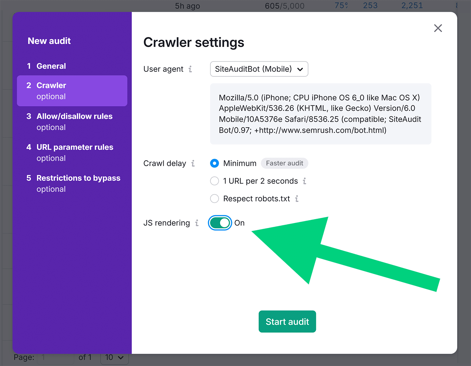 site audit crawler settings