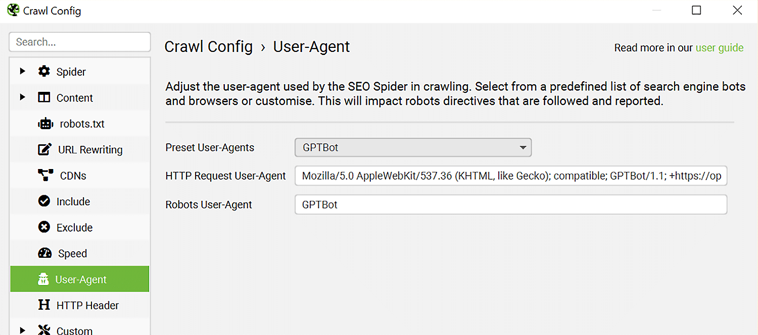 screaming frog crawl config user agent