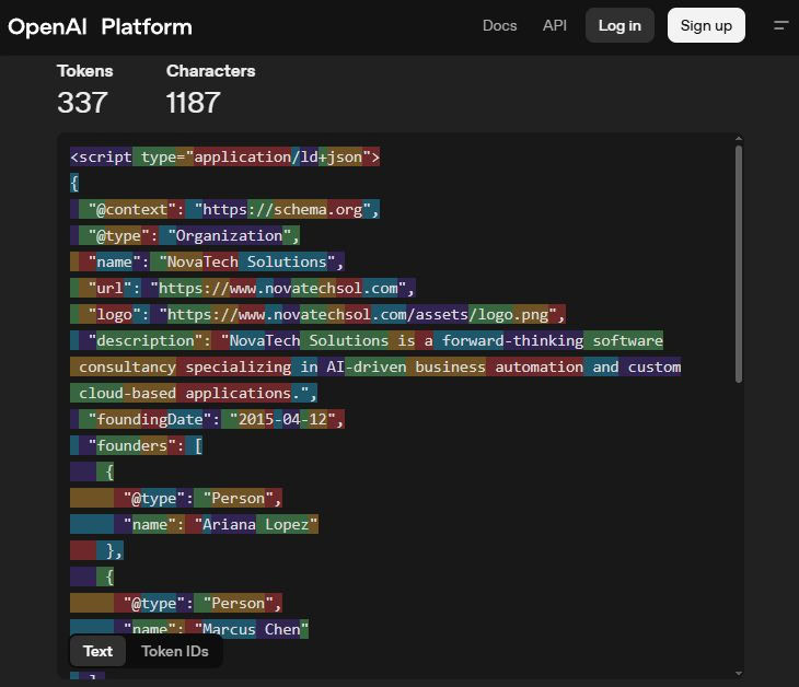 A screenshot of the OpenAI Platform Tokenizer tool on a dark interface, showing how a JSON-LD structured data script is broken down into individual tokens. At the top left, the counter displays