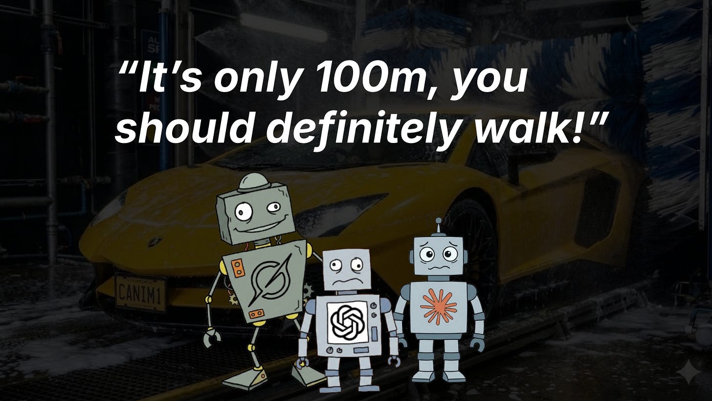 An image showing three cartoon robots standing in front of a yellow sports car inside an automatic car wash. Overlaid text at the top reads, "It