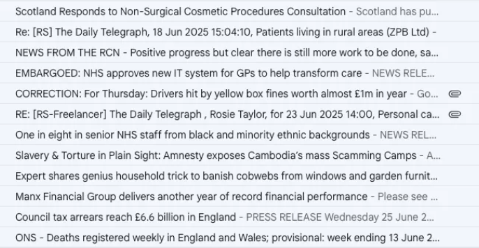 Email inbox showing numerous PR pitches and press releases, including healthcare announcements, financial results, household tips, and official statistics.