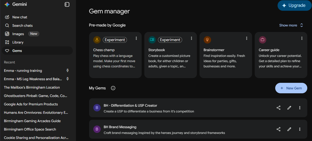 Google Gemini interface on the Gems page
