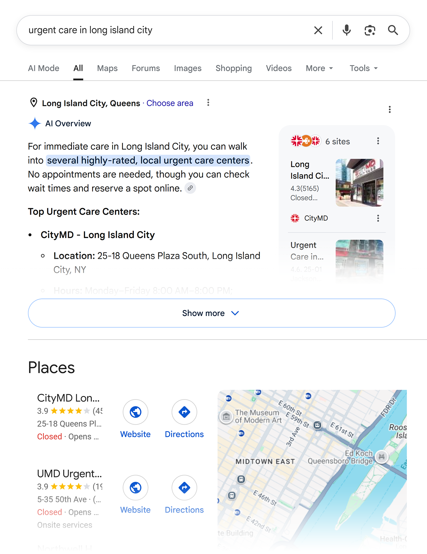 google serp urgent care long island