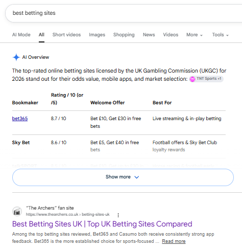 Search result page for