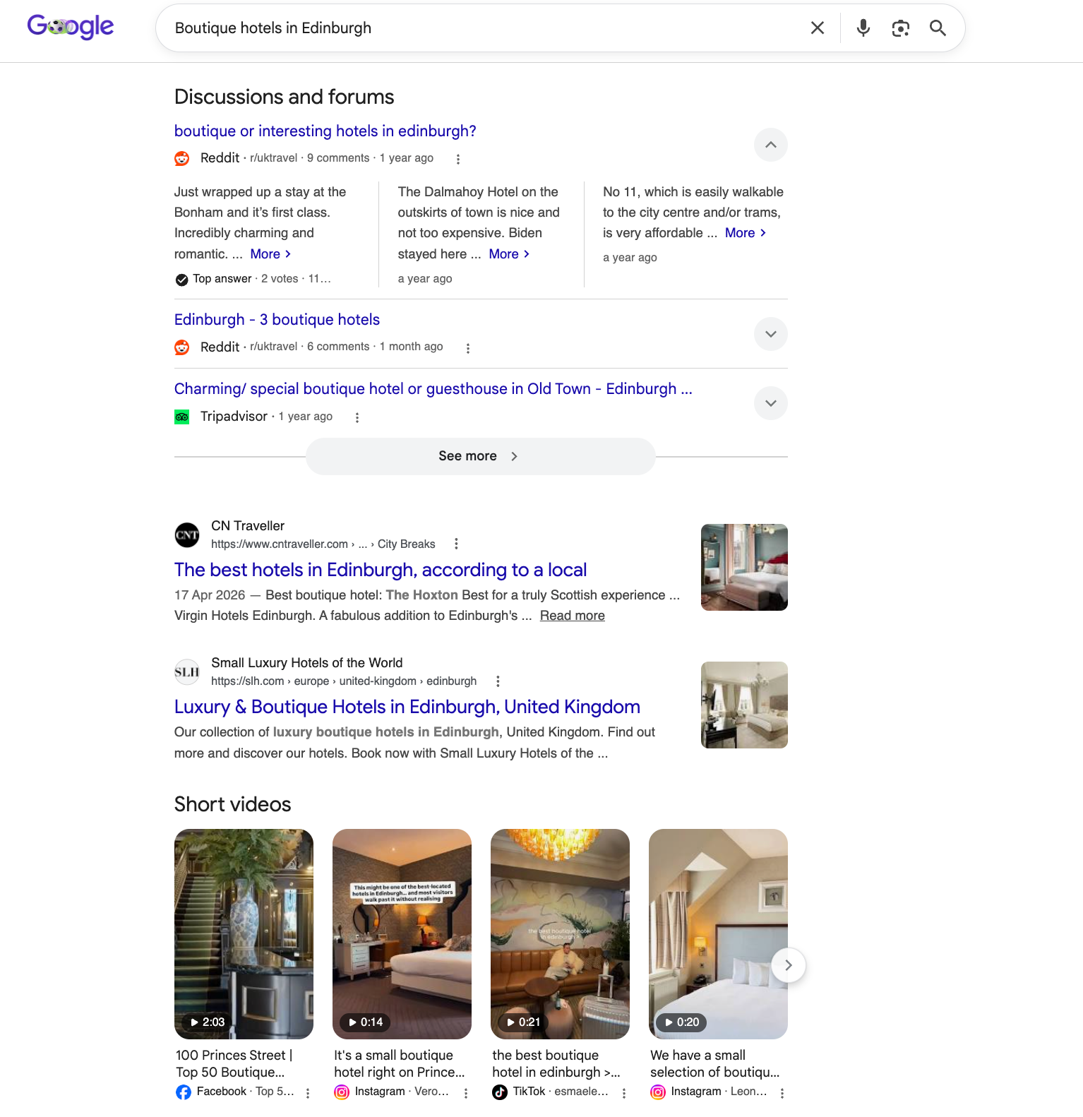 Boutique hotels in Edinburgh SERP features