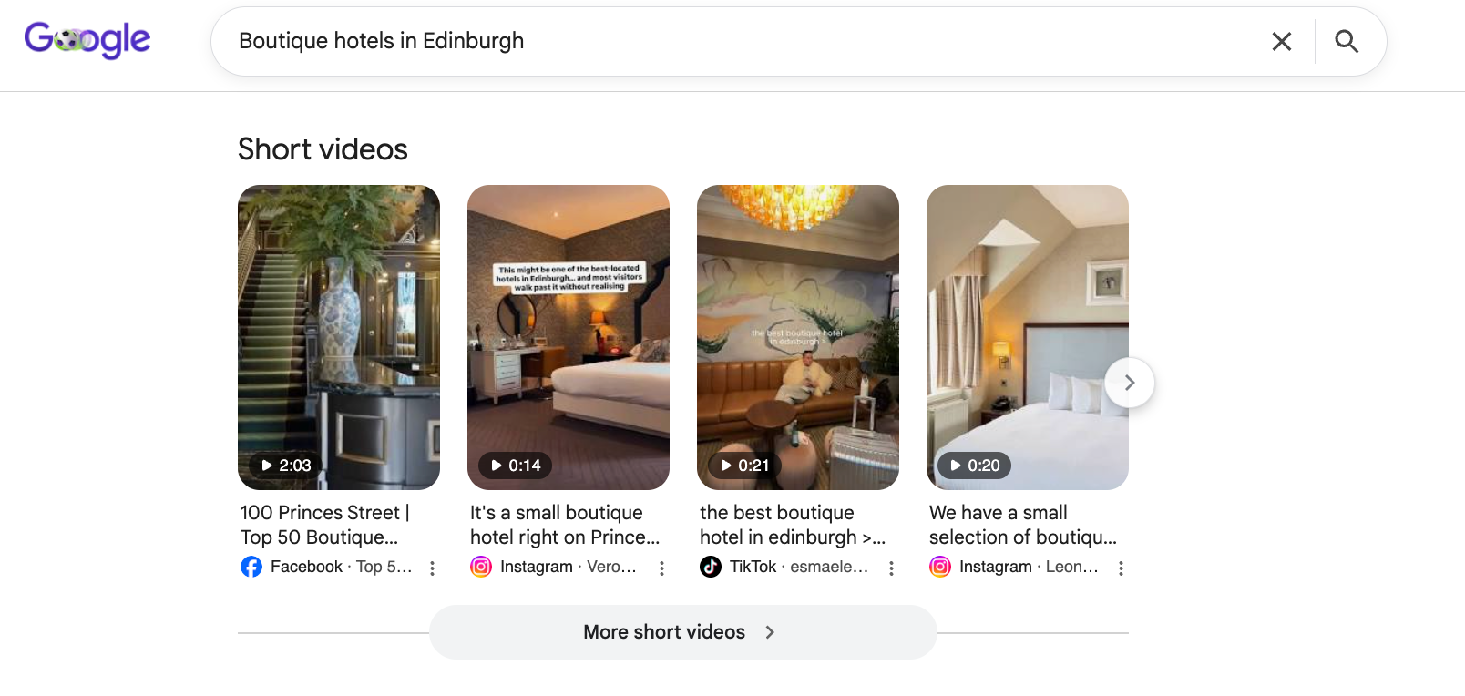 Boutique hotels in Edinburgh SERP feature short videos