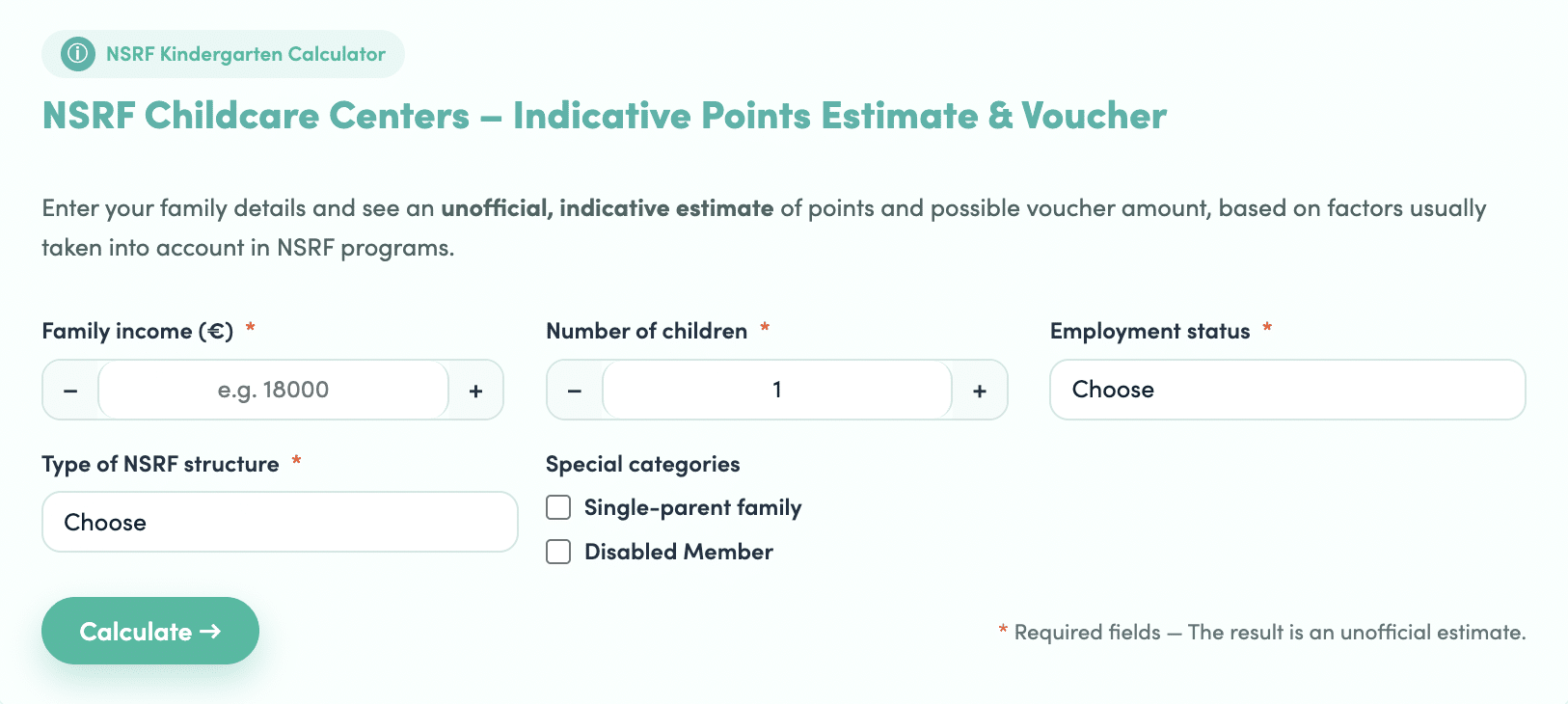 Parents Hub Kindergarten Financial Support Eligibility Calculator