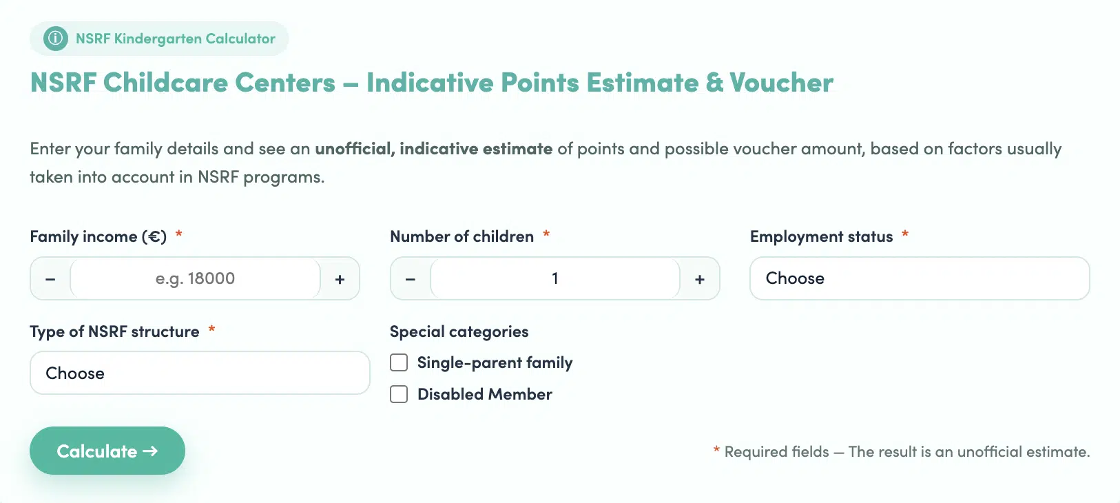 Parents Hub Kindergarten Financial Support Eligibility Calculator