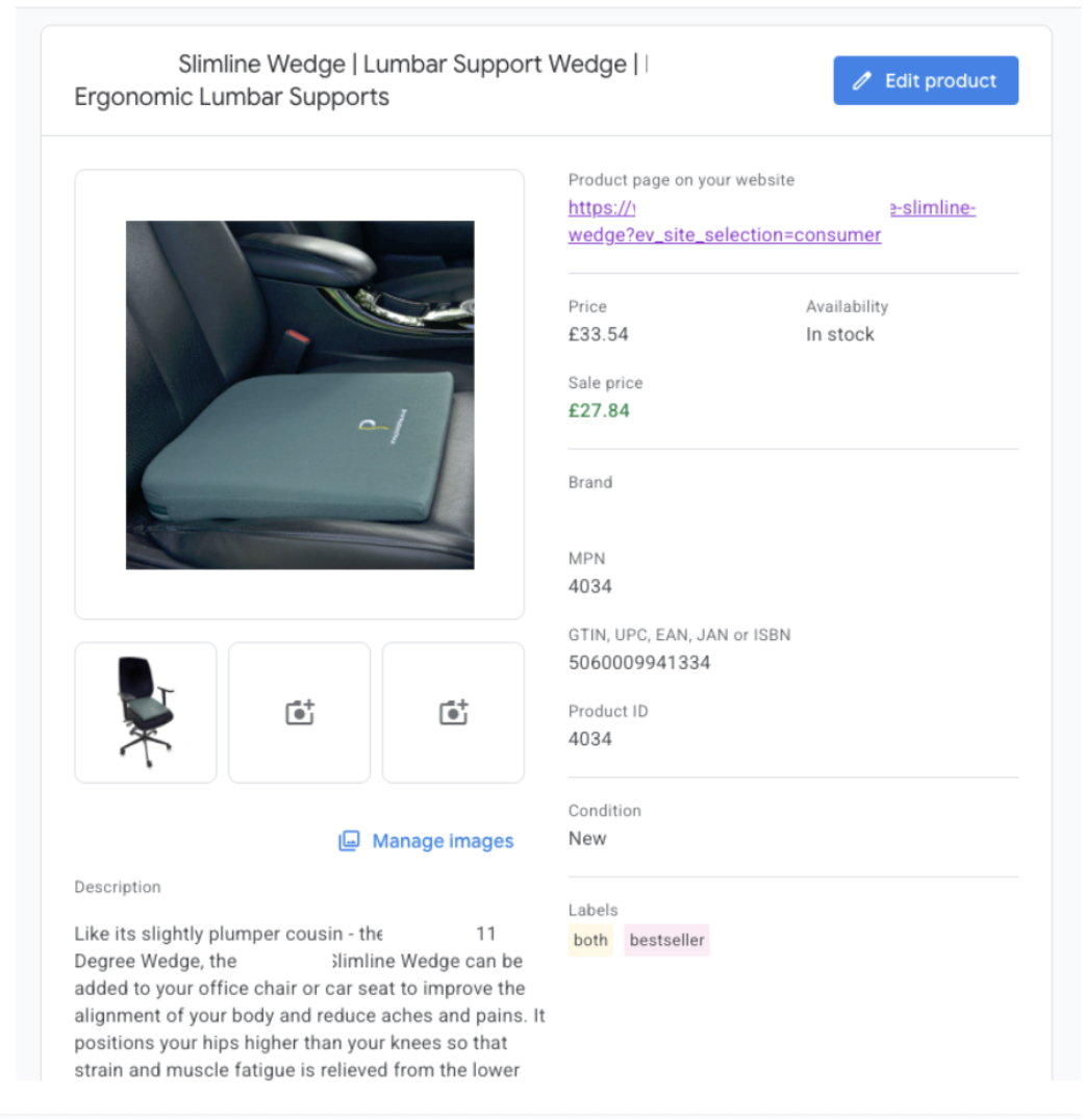 Google Merchant Centre product listing screenshot showing Slimline Wedge product with wrong pricing