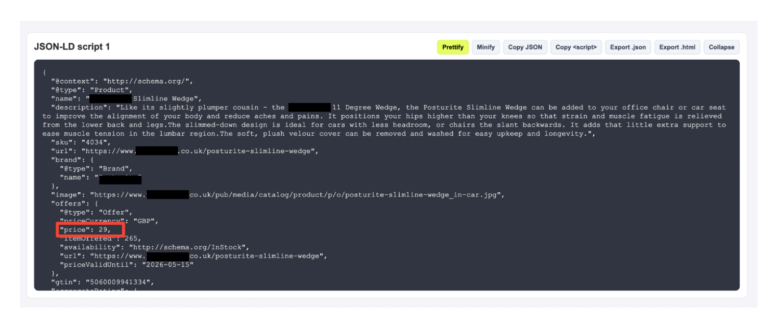 The schema markup on the same product page, outputting an ex-VAT price of &pound;29 - the figure Google used to overwrite the feed via automatic item updates.