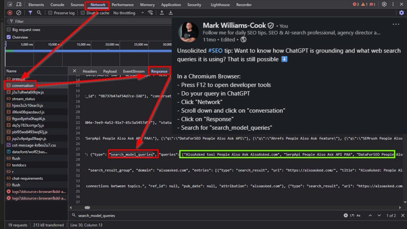 A social media post by Mark Williams-Cook explaining how to view ChatGPT