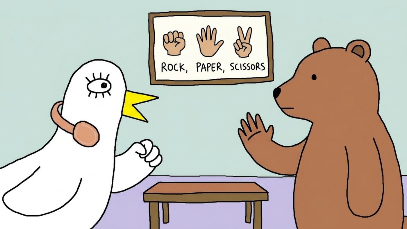 Illustration of a white bird and a brown bear playing rock, paper, scissors in front of a poster explaining the game rules.