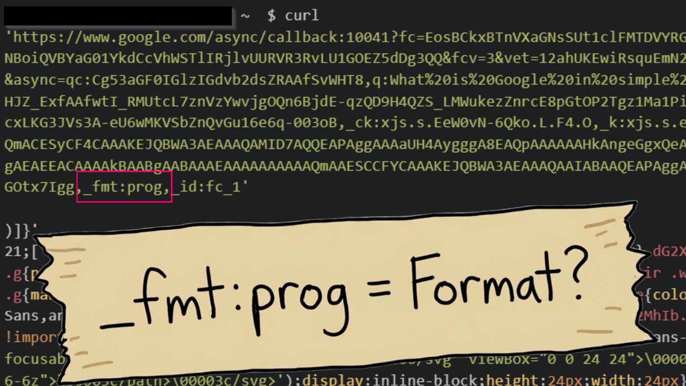 Terminal execution of a `curl` command targeting a Google async URL, with a pink box highlighting `_fmt:prog` and an overlaid paper strip asking `_fmt:prog = Format?`.